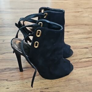 Qupid Black and Gold Heeled Boots with Lace-Up Detail